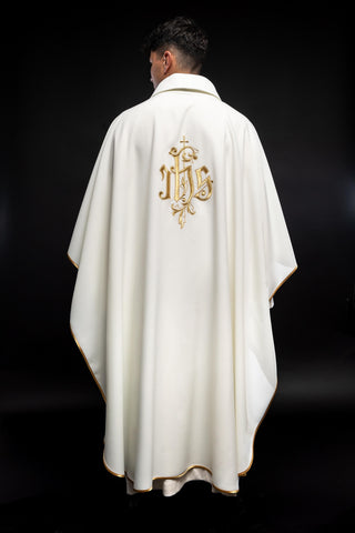 Cream liturgical chasuble with gold IHS embroidery and satin trim