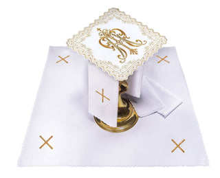 Liturgical chalice set with golden Marian motif embroidery