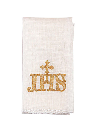 A set of linen chalice linens with IHS embroidery