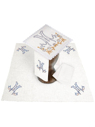 A set of linen chalice linens with Marian embroidery