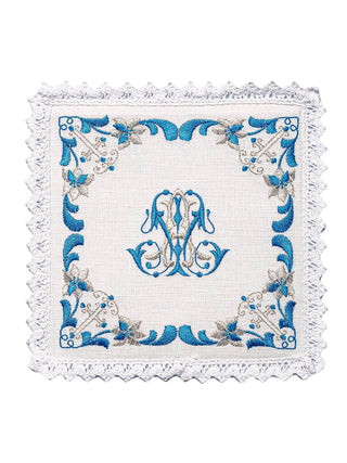 Linen chalice set with blue Marian embroidery