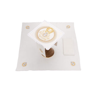 A set of linen embroidered chalice linens with the motif of the Sacred Heart of Jesus