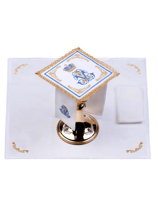 Linen chalice set with Marian embroidery and crown