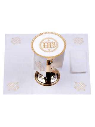 Linen chalice set with IHS embroidery on a round pall