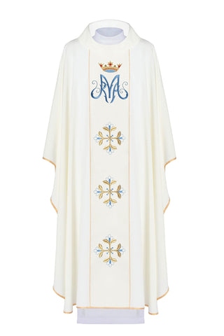 Marian Liturgical Chasuble with Embroidered Crest and Gold Trim