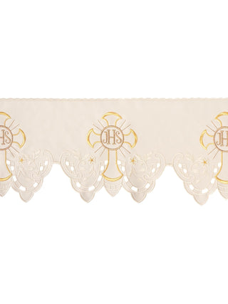 Altar cloth fabric with IHS Cross embroidery, stain-resistant ecru