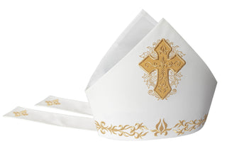 Embroidered mitre with rich ornamentation and a golden cross