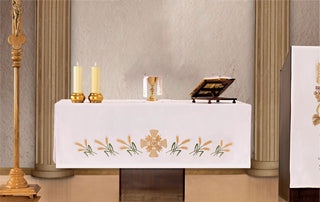 Altar Cloth with Embroidery of Cross and Ears of Wheat - Stain Resistant, Polyester