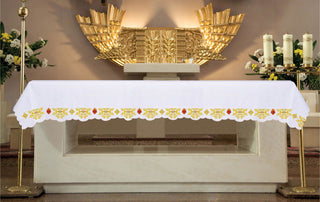 Altar cloth with embroidery of golden Crosses and the Sacred Heart of Jesus