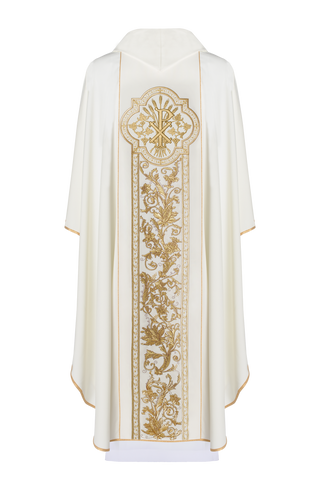 Ecru liturgical chasuble with embroidery of the Sacred Heart of Jesus and PAX