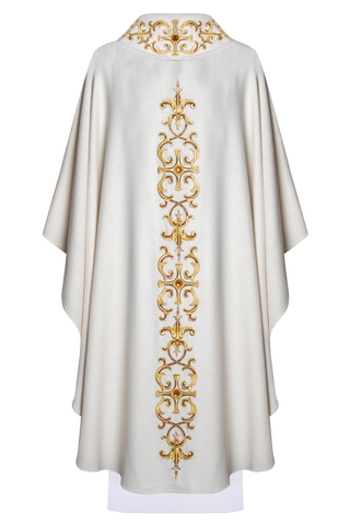 Liturgical chasuble with Eucharistic embroidery and decorative stones