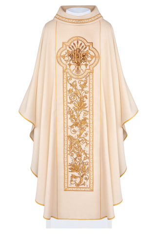 Ecru chasuble with IHS embroidery and gold-satin trimming