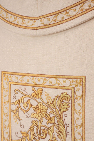 Ecru chasuble with IHS embroidery and gold-satin trimming