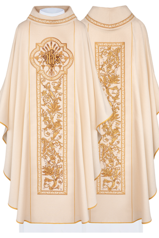 Ecru chasuble with IHS embroidery and gold-satin trimming