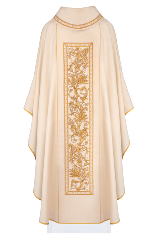 Ecru chasuble with IHS embroidery and gold-satin trimming