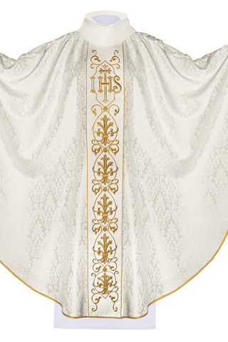 Ecru chasuble with IHS embroidery and satin trimming