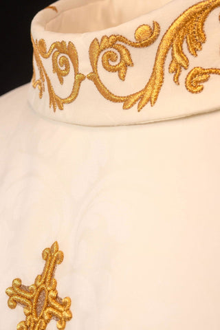 Ecru chasuble with IHS embroidery and gold details