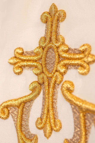 Ecru chasuble with IHS embroidery and gold details