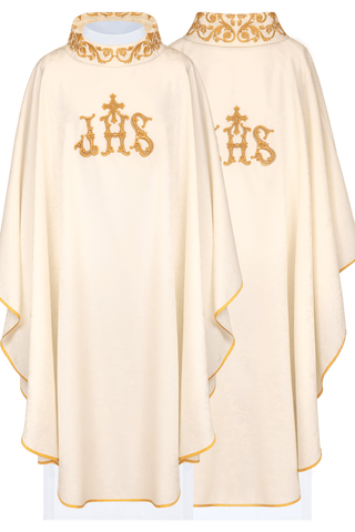 Ecru chasuble with IHS embroidery and gold details