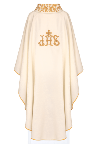 Ecru chasuble with IHS embroidery and gold details