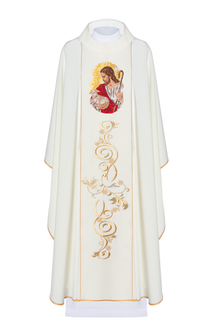 Ecru chasuble with embroidery of Jesus the Good Shepherd and gold-satin trimming