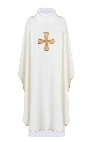 Liturgical chasuble embroidered with IHS in ecru with satin trimming