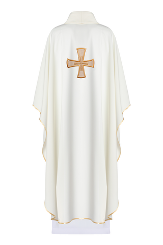 Liturgical chasuble embroidered with IHS in ecru with satin trimming