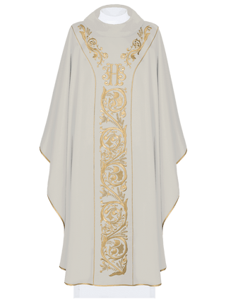 Ecru liturgical chasuble with IHS embroidery and gold-satin trimming