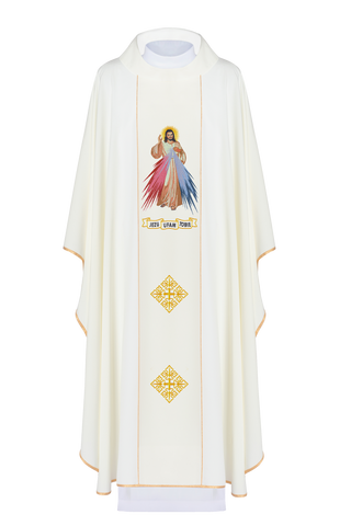 Embroidered Chasuble of Merciful Jesus with IHS in Ecru Color