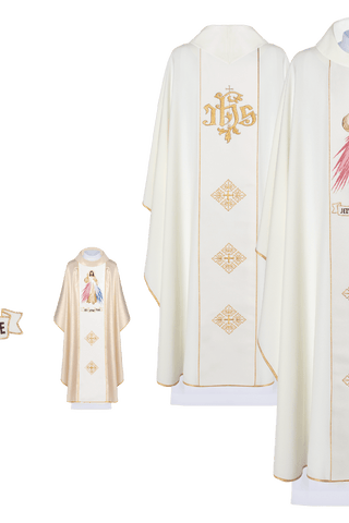 Embroidered Chasuble of Merciful Jesus with IHS in Ecru Color