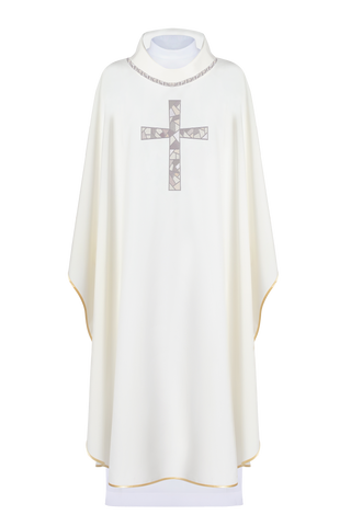 Ecru liturgical chasuble with an embroidered cross and gold trim