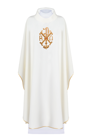 Ecru liturgical chasuble with eucharistic embroidery and gold trim