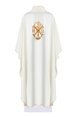 Ecru liturgical chasuble with eucharistic embroidery and gold trim