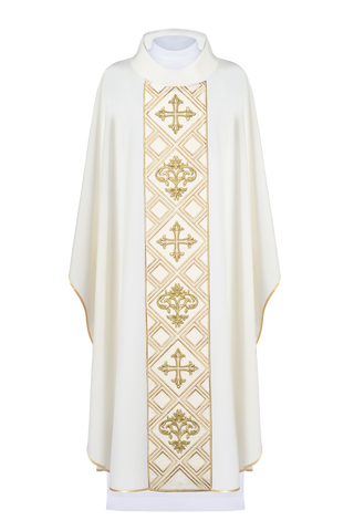 Ecru liturgical chasuble with an embroidered cross and gold-satin trimming