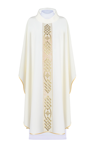 Ecru liturgical chasuble with an embroidered cross and gold-satin trimming