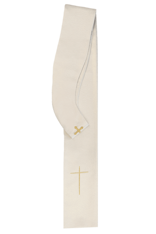 Ecru liturgical chasuble with an embroidered cross and gold-satin trimming