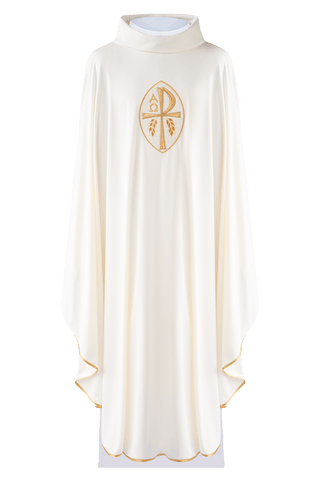 Ecru liturgical chasuble with Eucharistic embroidery and gold trim SACROLITE