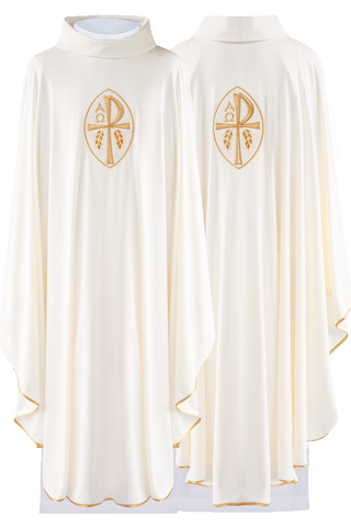 Ecru liturgical chasuble with Eucharistic embroidery and gold trim SACROLITE