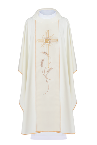 Ecru liturgical chasuble with an embroidered cross and the IHS symbol