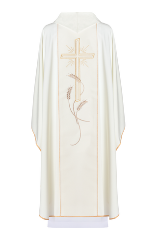 Ecru liturgical chasuble with an embroidered cross and the IHS symbol