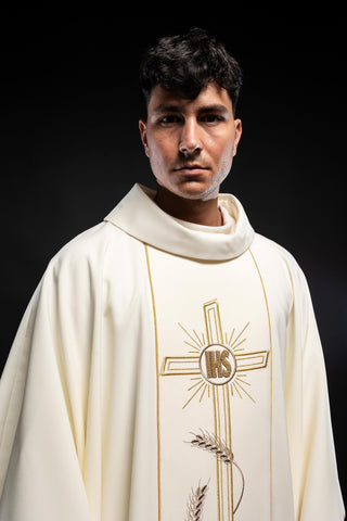 Ecru liturgical chasuble with an embroidered cross and the IHS symbol