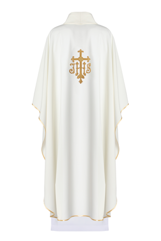 Ecru liturgical chasuble with IHS embroidery and gold trim