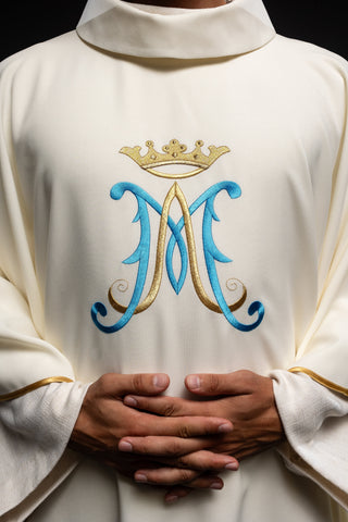 Marian Chasuble Embroidered in Ecru with Gold Trim and Emblem