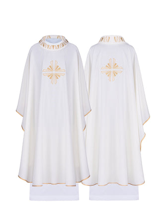 Ecru liturgical chasuble with gold embroidery and trim