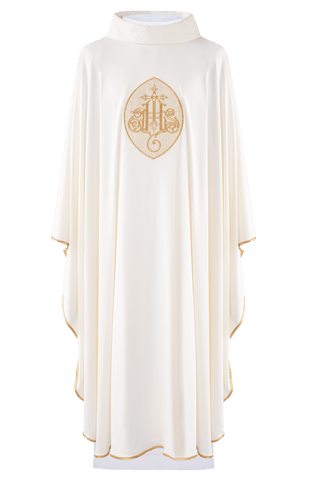 Embroidered chasuble with the IHS symbol in ecru color, SACROLITE fabric