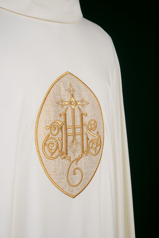 Embroidered chasuble with the IHS symbol in ecru color, SACROLITE fabric