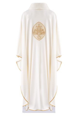 Embroidered chasuble with the IHS symbol in ecru color, SACROLITE fabric