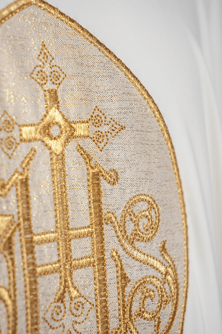 Embroidered chasuble with the IHS symbol in ecru color, SACROLITE fabric