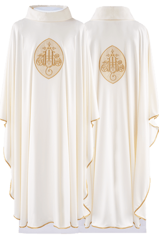 Embroidered chasuble with the IHS symbol in ecru color, SACROLITE fabric