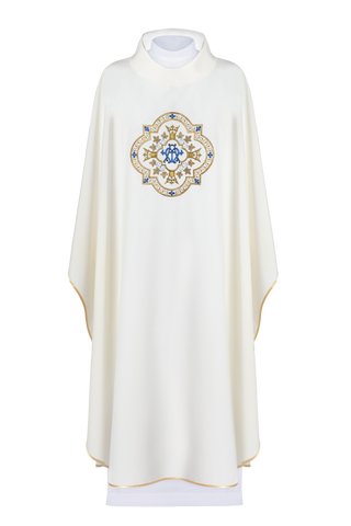 Marian Chasuble Embroidered in Ecru with Gold Trim and Marian Emblem